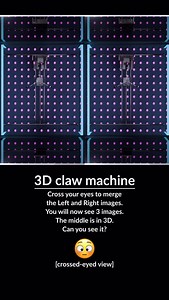 3D claw machine (cross-eyed view) Cross your eyes to merge the Left and Right images. You will now see 3 images. The middle is in 3D. Can you see it? 😳 | Ben Greenberg