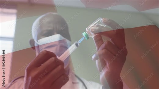 Male doc aligning needle to vial, drawing dose, prepping syringe for injection amid color bars
