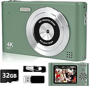 Digital Camera, 44MP Full HD 1080P Point and Shoot Camera with 64GB Card, Anti Shake 16X Zoom Compact Volg Cameras, Portable Small Camara Gift for Kids, Ages Teen Girl Boy - Green