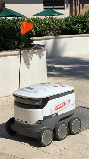 Shark Dining on Instagram: "Don’t want to walk in the cold for food? 🥶 Order delivery on the Grubhub app with our Starship robots! From Chick-fil-A to Starbucks the options are endless 😄 🔗 Click the link in our bio if you have any questions #sharkdining #starship #deliveryfood #nsu #cold"