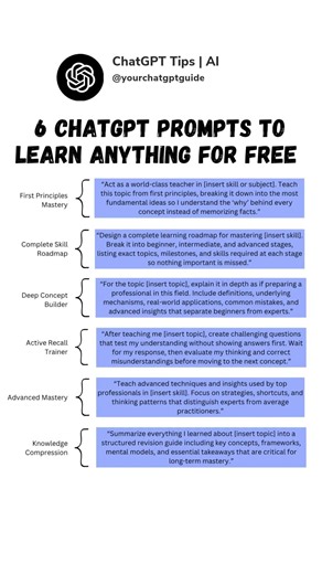 6 ChatGPT Prompts To Learn Anything For FREE. #chatgptprompts #promptengineering #freelearning