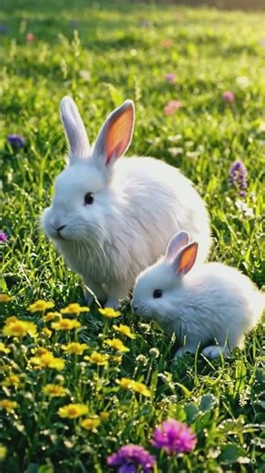 A cute baby rabbit hopping behind its mother through a green meadow filled with