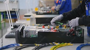 Computers, electric equipment being assembled by factory workers. 4K.