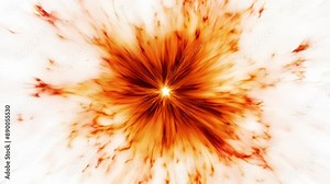 Extreme close-up: Fiery explosion radiates from central point. Zooms out rapidly, revealing expanding orange and yellow tendrils against white backdrop.