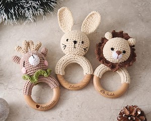 Custom Crochet Baby Rattle With Wooden Teether, Engraved Ring for Newborn, Handmade Animal Rattle Toy, Personalized Gift for Baby Shower - Etsy Australia
