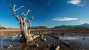 A serene landscape featuring a weathered tree in a dry lakebed with mountains in the background.