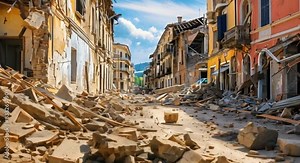 Desolate City Streets: Abandoned Buildings and Ruins After an Earthquake. Concept Urban Decay, Post-Apocalyptic Landscapes, Abandoned Cities, Earthquake Ruins, Haunting Architecture