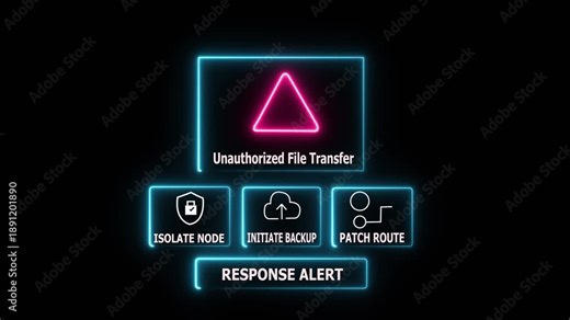 Cyber Security Alert: Unauthorized File Transfer Warning with System Response Icons, Digital Network Breach Concept