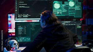 Cybercriminal uploading USB flash drive containing stolen information into computer. Scammer inserting storage device containing sensitive data obtained from security breach