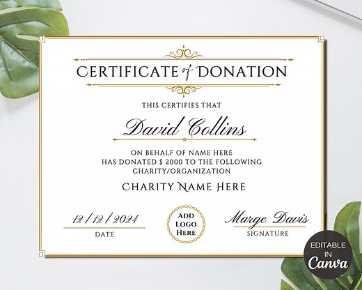 Certificate of Donation, Printable Charity Donation Certificates, Editable Canva Template - Etsy