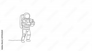 Animated self drawing of one continuous line draw spaceman picking sweet corn from plant in moon surface. Deep space farming astronaut concept. Full length single line animation illustration.