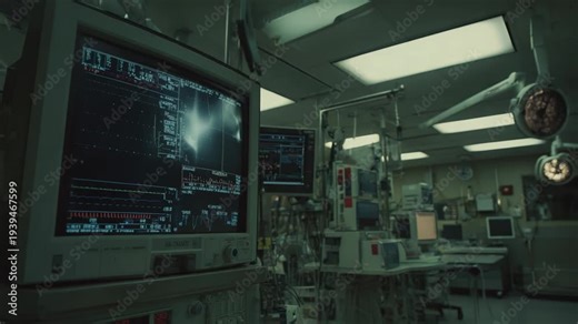 Hospital intensive care unit featuring advanced medical equipment, including patient monitors displaying vital signs and specialized lights in a clean, modern medical setting