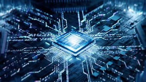 Concept: Advanced Futuristic Microprocessor Chip Connecting with a Motherboard and Activates entire System. Energy Pulse Expanding after CPU Connected to Socket.