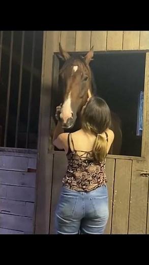 Woman and horse share a sweet moment cuddling.