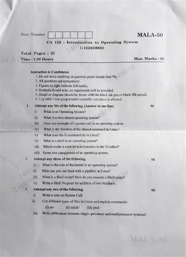 CA 122: introduction to Operating System | 2024-25 | NEP | Question Paper | Semester Second | BCA |