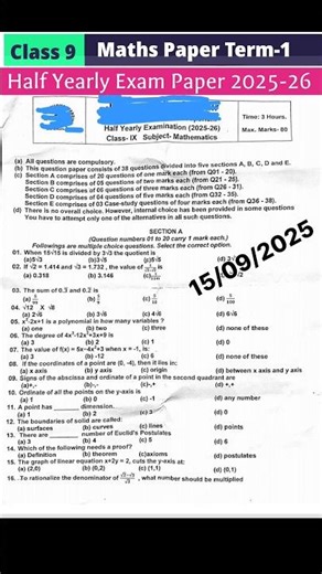 Class 9th Maths Half yearly exam Question paper 2025-26 Term 1 #class9maths #halfyearlyexam2025