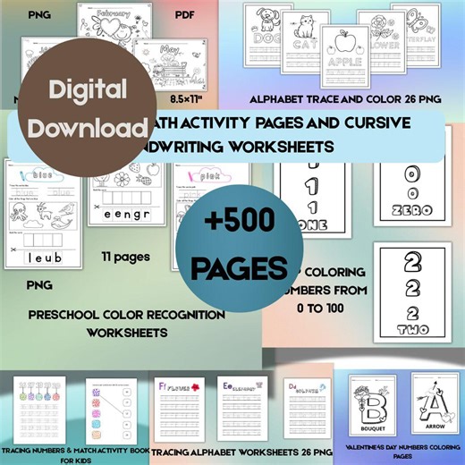 Preschool Math Worksheets and Cursive Handwriting,printable Math Activities for Kids,tracing Numbers & Letters PDF - Etsy