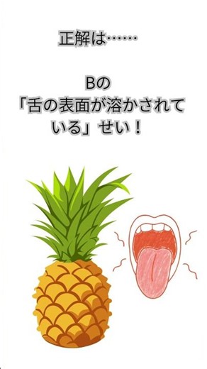 ⁠【理由】パイナップルを食べると「舌がピリピリ痛い」原因…実は、ベロが●●されているからです。 #理科クイズ #雑学 #shorts⁠