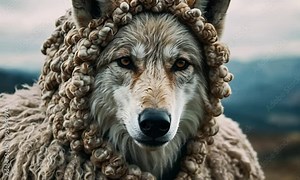 a wolf disguised as a sheep, with sheep's wool