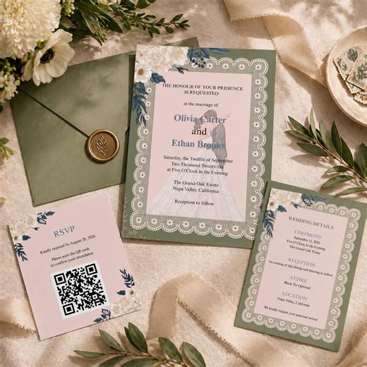 Editable Wedding Invitation Template, Vintage Floral Canva Invite, RSVP QR Code, Green Beige Wedding Suite, Instant Download - Etsy