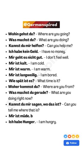 This list covers common everyday questions and expressions used to describe needs, feelings, and basic interactions in German. It helps learners communicate naturally in daily situations such as asking for help, talking about comfort, time, or personal circumstances. #deutschlernen #germanspired #studygerman #learngerman #deutschkurs #learngermanonline | Germanspired