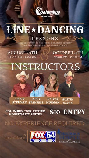 ✨ Instructors in Action! Get ready to step, slide, and dance along at our Line Dancing Lessons inside the Hospitality Suites at the Columbus Civic Center! 📅 August 30th & October 4th ⏰ 12:00 PM – 2:00 PM 💲 $10 Entry | No experience required! Our amazing instructors — Justin Stewart, Abby Stansell, Olivia Morgan, and Austin Gatza — will guide you through beginner-friendly steps, good music, and great vibes. 🎶💃 🎟️ Grab your tickets now 👉 https://www.universe.com/events/line-dancing-lessons-a