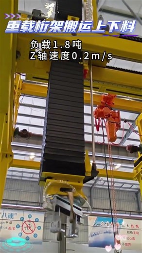This gantry robot has a load capacity of 1.8 tons, a Z-axis speed of 0.2 m/s, 4 guide rails and 1