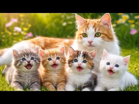 Cutest Family Ever 🐱🌈 Mother Cat + Colorful Kittens Playing & Meowing in Garden