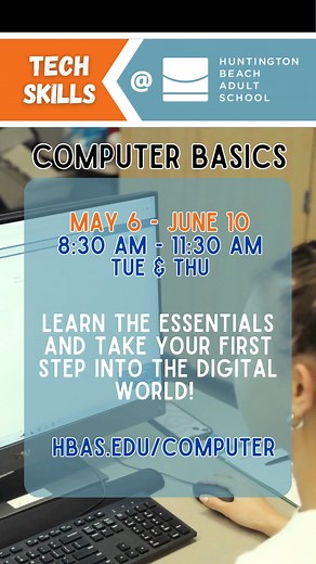 💻 New to computers? Start here! Our Computer Basics class is perfect for beginners — learn how to use the mouse, navigate your desktop, create documents, and more. Build your skills and your confidence! 🙌 📅 5/6–6/10 | Tue/Thu | 8:30–11:30AM 📍 HBAS-G Rm C122 💲 Early Bird: $59 | Reg: $79 🎓 FREE for CTE students 🔗 hbas.edu/computer #HBAS #ComputerBasics #LearnTech #LifelongLearning | Huntington Beach Adult School