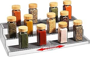 Oizeir Expandable Spice Organizer Rack - 3-Tier - Clear Adjustable Tiered Shelf Spices Organization for Kitchen Cabinet and Pantry Storage