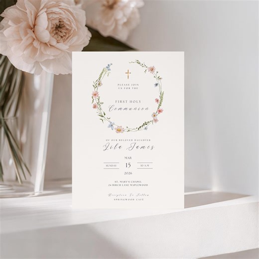 First Holy Communion Invitation: Floral Communion Card, Spring Communion, Religious Invite (editable Canva Template, Digital Download) - Etsy
