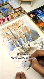 Watercolour Birch Trees Landscape using an Old Credit Card #watercolor #painting #birchtree #art