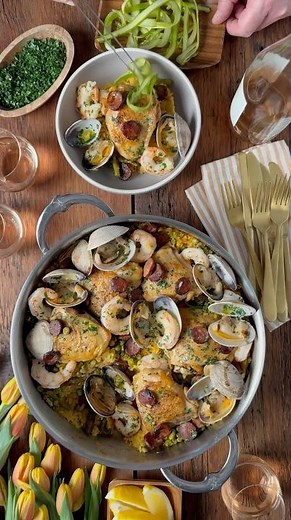 Spring Paella Mixta — Chicken, Shrimp, Chorizo & Clams
