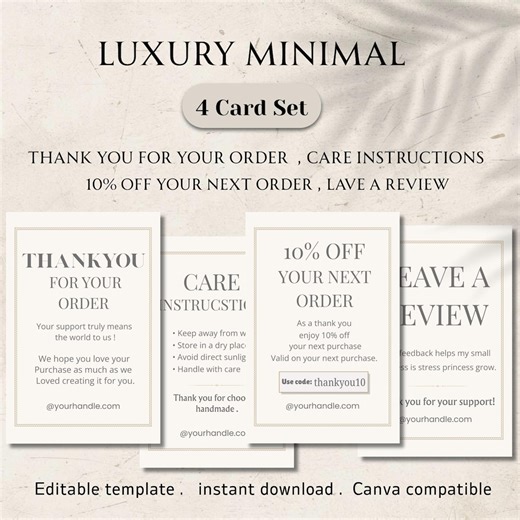 Luxury Minimal Business Card Template Bundle | Thank You, Care & Review Cards | Editable Canva Download - Etsy
