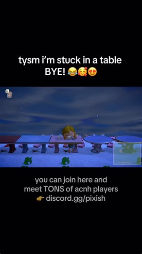 Ari Chan on Instagram: "lol so i got myself stuck in a table. it was honestly very funny 😂 if you want to get stuck in a table come visit my treasure islands too! . . want acnh stuff, tips, and more? or just cool friends, events, and fun in general? then join pixish! my chaotic discord server where u can meet more cool peeps just like u! discord.gg/pixish 😛☺️ . cc creds pictured. if not, lmk or tag me in the comments below and ill update! . . . . #animalcrossing #acnh #animalcrossingmeme #anim