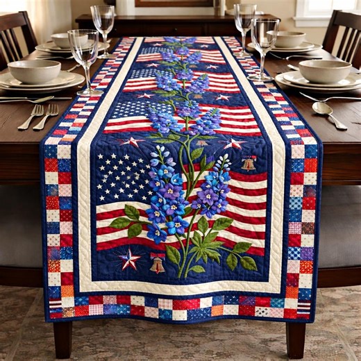 America 250 Years Blue Flower Table Runner, USA 250th Anniversary Quilt Table Runner, 1776-2026 Patriotic Decor, 4th of July Dining Decor - Etsy