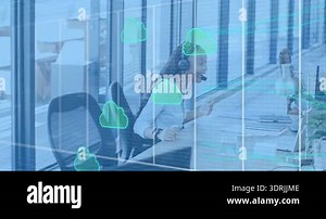 Tech rep speaking into headset as cloud icons flowing live data with colleagues celebrating success. Collaboration, teamwork, innovation, modernity, communication, productivity, technology Stock Video Footage - Alamy