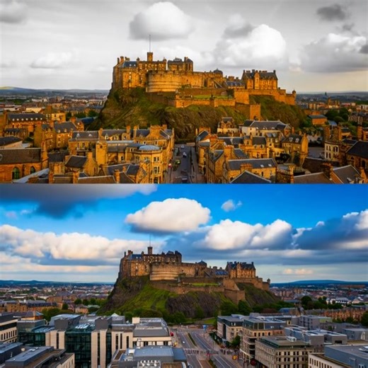Edinburgh Castle, an iconic Scottish fortress perched atop Castle Rock, depicted in a 1910s photograph and its imposing presence today. With a history stretching back to the Iron Age, this royal castle has been involved in many historical conflicts and remains Scotland's most visited paid attraction. | Memoryglitz | Facebook