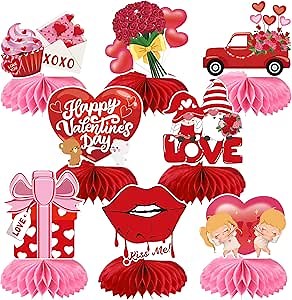 JULMELON Valentines Table Decorations Honeycomb Centerpiece, 8pcs Valentines Day Centerpieces for Tables 3D Valentines Day Table Decor Heart Table Toppers for Valentines Party Decorations