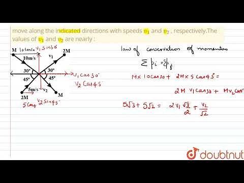 Two particles, of masses M and 2M, moving as shown, with speeds of 10m//s and 5m//s, collide ela...