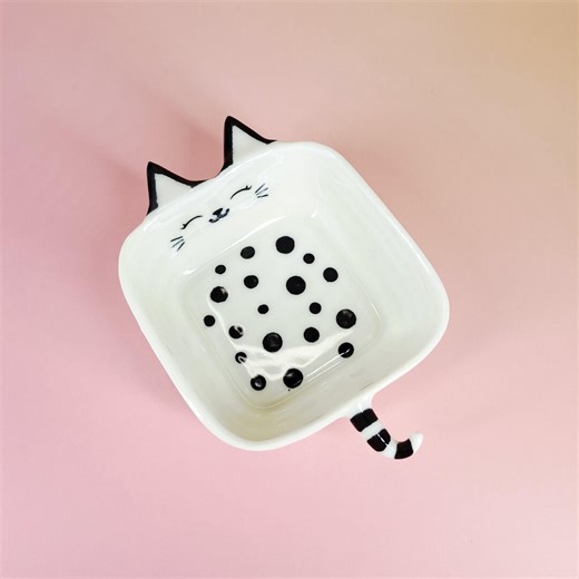 Handmade Ceramic Black and White Cat Trinket Dish, Whimsical Kitty Decor - Etsy