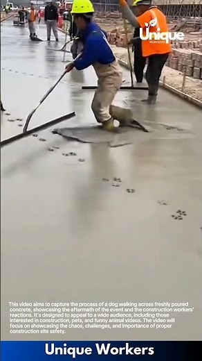 Dog walks on wet concrete: dog making paw prints in concrete