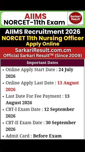 Sarkari Result Official | AIIMS NORCET 11th Nursing Officer Recruitment 2026 Start #shorts #job