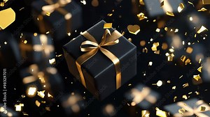 Luxurious black gift boxes with gold ribbons surrounded by golden confetti that fall from above create a sense of celebration and exclusivity.