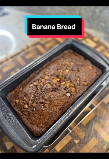 Banana Bread! Ingredients: Ripe Bananas - 3 Melted Butter - 1 stick Sugar - 1/2c Brown Sugar - 1/2c Eggs - 2 Vanilla Extract Baking Soda - 1tsp Salt - pinch Flour - 1 1/2c Milk Chocolate & Peanut Butter Chips - 1 1/2c Directions: 1. Mash the bananas until smooth. Add in the sugar and brown sugar making sure to mix together after each one. Then add the melted butter, egg, baking soda, vanilla and salt before mixing. 2. Pour in the flour a little bit at a time making sure to mix each time until fu
