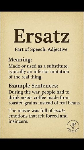 Ersatz (/ˈɛːsats/ or /ˈɛrˌzɑːts/) (Adjective): Made or used as a substitute, typically an...