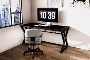 SAMERY Computer Desk Home Office Desks, 55.1 Inch Modern Simple Office Black Glass Desk Computer Table Study Gaming Writing Desk, Fashion Strength Tempered Glass Office Laptop Desk