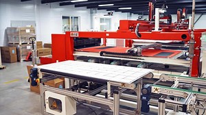 Production of solar panels. Machinery in solar panel manufacturing industry factory