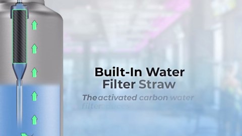 Filtered Half Gallon Water Bottle with Straw Lid - Large Insulated Bottle with Filter System, Includes Carrier Bag with Padded Shoulder Strap, 64oz (Stainless Steel)