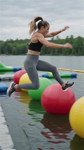 🏃‍♀️💙 Jumping across floating inflatable balls looked easy... until I tried it! 🌊😅